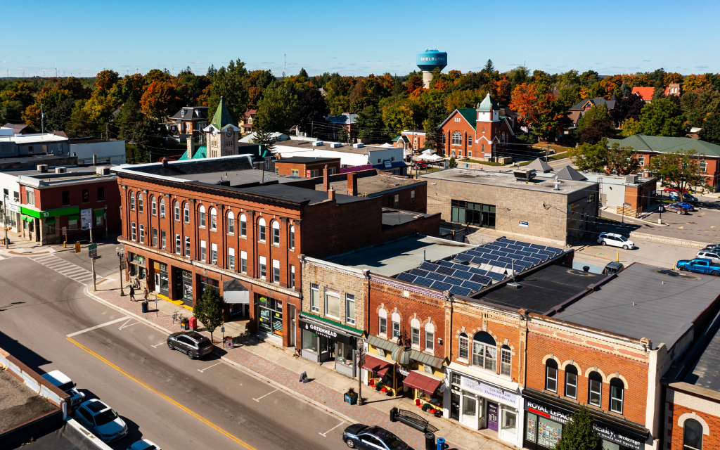 Shelburne, Ontario aerial view of downtown and water tower